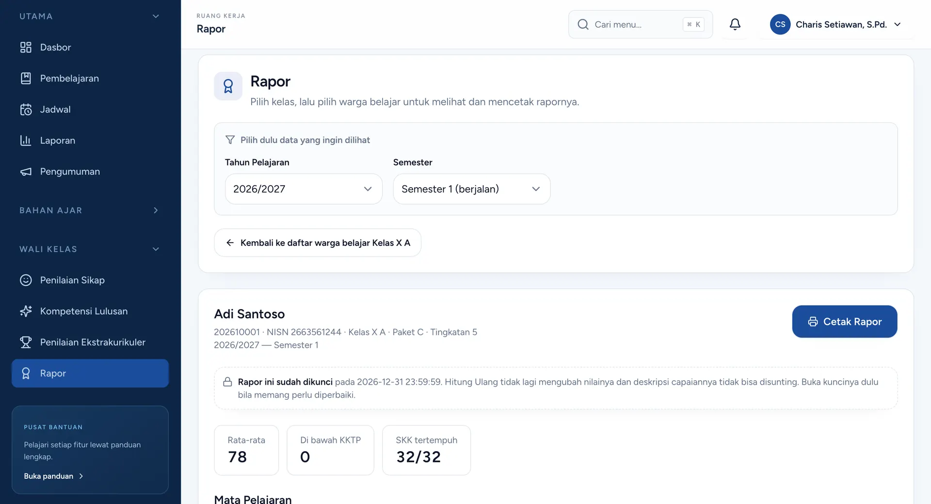 SIMPKBM report card for one learner, locked for the term, with averages and credits earned