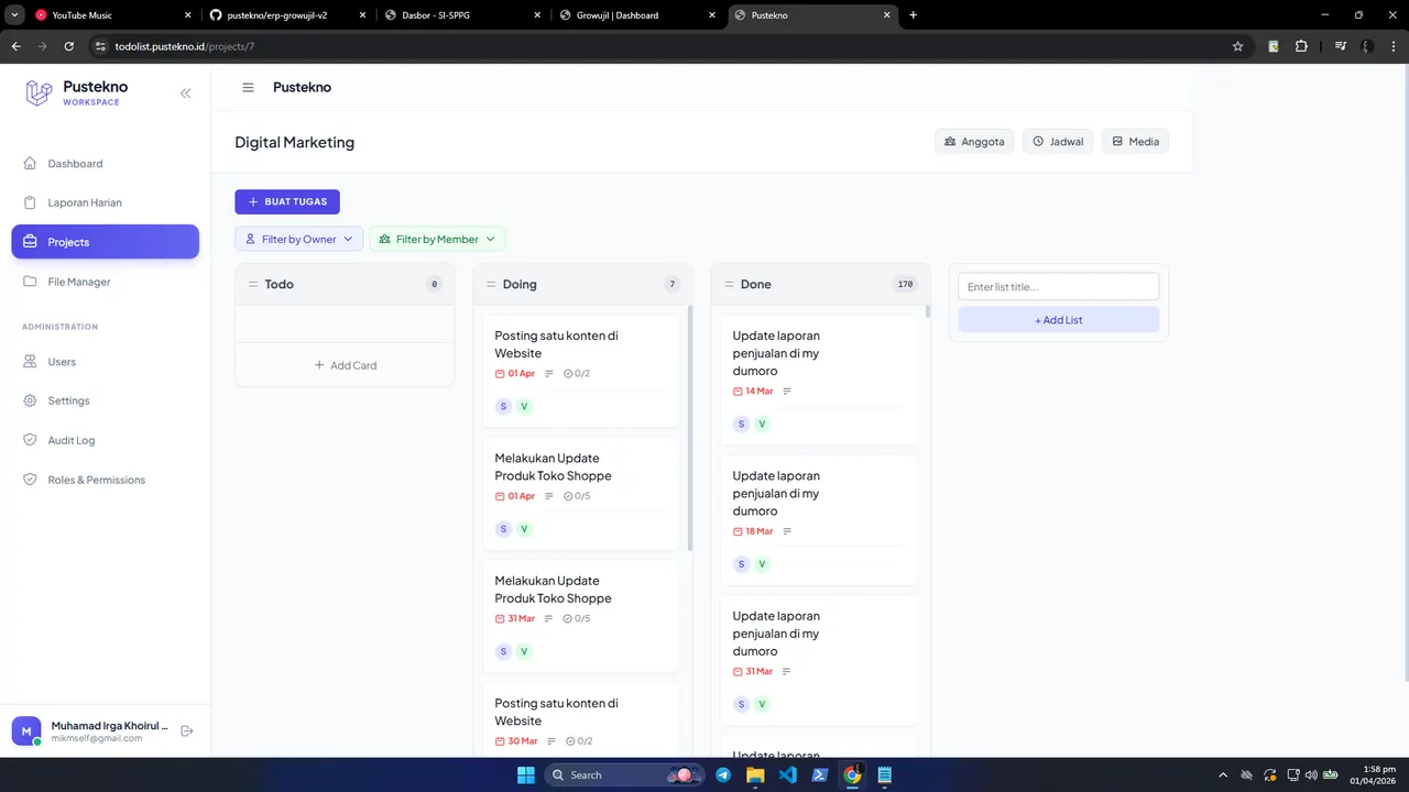 Detail tugas Todolist Pustekno berisi checklist, komentar, dan lampiran