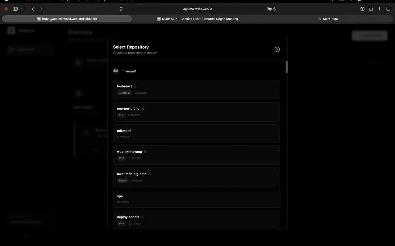 Pemilihan repositori dan branch di Deployer setelah akun GitHub terhubung