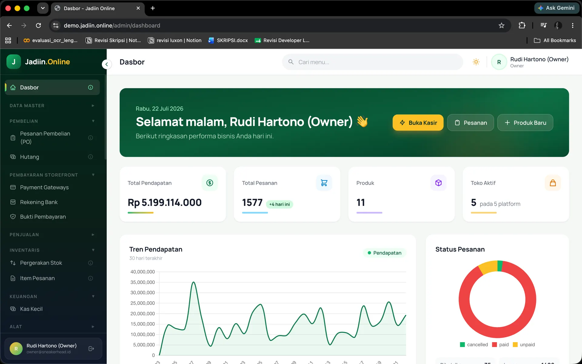 Dasbor ERP Jadiin.online menampilkan angka penjualan dan pergerakan stok